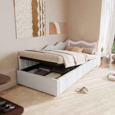 Slaapbank / Kinderbed 90x200 cm – Wit Teddy Stof – Gasveer Opbergsysteem – Hoofdbord met Ingebouwde LED 7-Kleuren Lichtstrip – Moderne Multifunctionele Bedbank