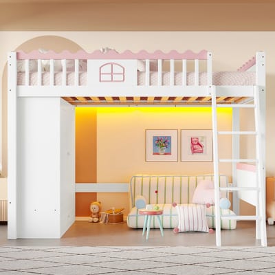 VVBV Hoogslaper met Lades 90x200 cm - LED-Verlichting, Kledingkast, Planken, EN747 - Massief Hout Wit - Zonder Matras