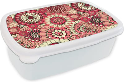 Broodtrommel Wit - Lunchbox Bloem - Mandala - Retro - Patroon - Brooddoos 18x12x6 cm - Brood lunch box - Broodtrommels voor kinderen en volwassenen