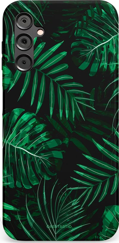 Casetastic hoesje geschikt voor Samsung Galaxy A14 (2023) 5G / Samsung Galaxy A14 (2023) 4G - Dubbellaagse bescherming - Jungle blad - Fashion Case - Donkergroen Zwart