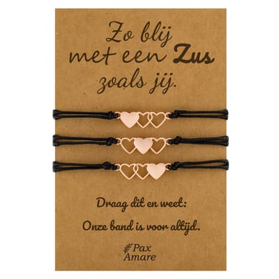 Vriendschapsarmbandjes voor 3 "Zo blij met een Zus zoals jij" - Hartjes - BFF Armbandjes met Cadeau Kaartje - Rosé Goud & Zwart - Elastisch Verstelbaar - Pax Amare