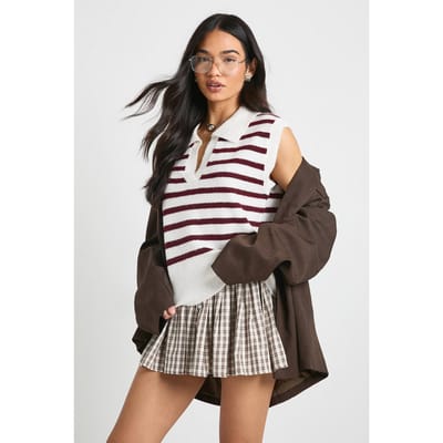 boohoo Dames Vest met kraag, V-hals en gebreide streep | Dark Red | Maat: Small