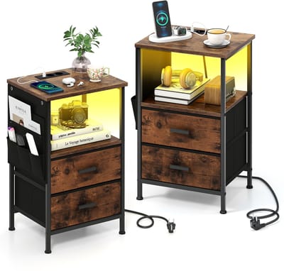 COSTWAY Nachtkastje met led en laadstation, set van 2 bijzettafel met 2 laden en zijvakken, nachtkastje met USB-poorten en stopcontacten, 38 x 30 x 60 cm