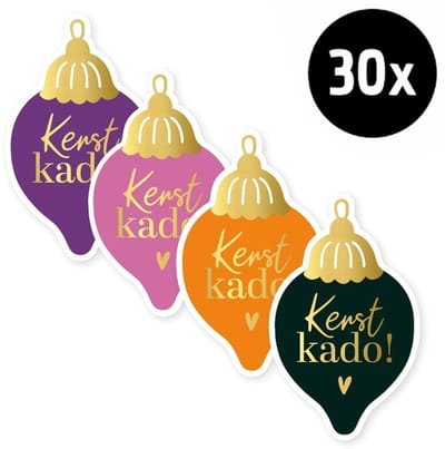 30x Sticker Kerst Kado Kerstbal - Goudfolie - Sluitsticker - Sluitzegel - Feeststicker Presentje - Enveloppe - Cadeau - Gift - Cadeauzakje - Traktatie - Leuk inpakken - Sticker - 38x63mm - 30 Stuks
