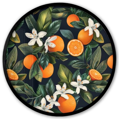 Poster in lijst Rond - Fotolijst 40x40 cm - Posters - Sinaasappels - Bloesems - Bladeren - Tropisch - Ronde posterlijst zwart - Decoratie - Wanddecoratie woonkamer - Muurdecoratie slaapkamer