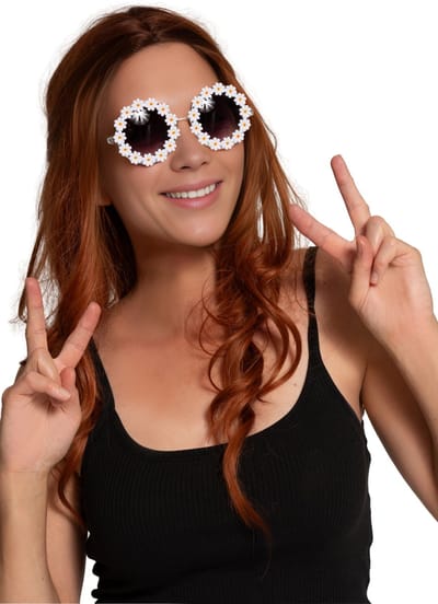 Partychimp Voordeelverpakking Witte bloemen Bril Themafeest voor Volwassenen Carnaval Accessoires Verkleedaccessoires Foute Party Festival Hippie - Unisex - Wit- Plastic - 12 pack