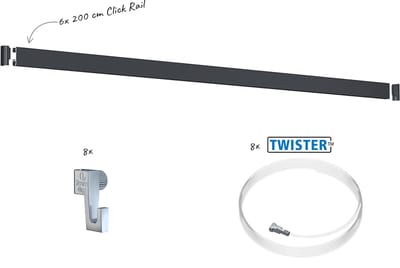 Artiteq Click Rail Schilderij Ophangsysteem 12 meter - Complete Set - Inclusief haken, draden en bevestigingsmaterialen - Zwart - 4 kg/m- Ophangsystemen en rails voor schilderijen, posters en foto's - Ophangen zonder boren