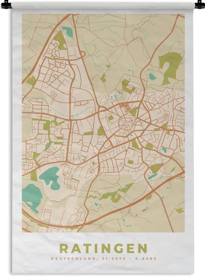 Wandkleed - Wanddoek - Ratingen - Plattegrond - Stadskaart - Vintage - Kaart - 120x180 cm - Wandtapijt