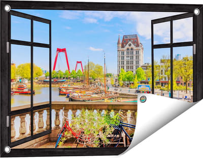 Gards Tuinposter Doorkijk Kleurrijke Oude Haven in Rotterdam - 60x40 cm - Tuindoek - Tuindecoratie - Wanddecoratie buiten - Tuinschilderij