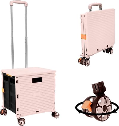 Vouwbare winkelwagentje met deksel op wielen, slijtvast en geruisloos, 360° draaibare wielen, verstelbare aluminium handgreep, opvouwbare koffer trolley met 45kg laadcapaciteit, handig en praktisch voor boodschappen.