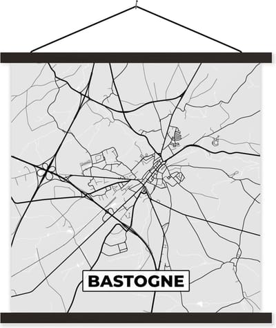 Posterhanger incl. Poster 60x60 cm - Schoolplaat - Zwart Wit – België – Plattegrond – Stadskaart – Kaart – Bastogne - Textielposter - Zwarte latten - Stadskaart