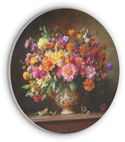 Akoestisch wandpaneel rond 50x50 cm - Vilt schilderij Kleuren - Boeket - Vaas - Hout - Ronde akoestische panelen - Geluidsdempende wanddecoratie - Geluidsisolatie wandcirkel - Muurdecoratie geluidspanelen
