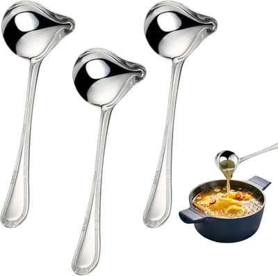 Set van 3 RVS Sauslepels van 20 cm met Schuin Gietmondje, Antislip en Gepolijst voor Soepen, Sauzen en Dressings