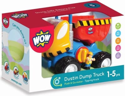 WOW Toys Dustin Dump Truck - Batterijloos Speelgoedvoertuig - Push & Go Kiepwagen met Bouwvakker & Automatische Kiepfunctie - BPA-Vrij & Vaatwasserbestendig - Vanaf 1 tot 5 Jaar