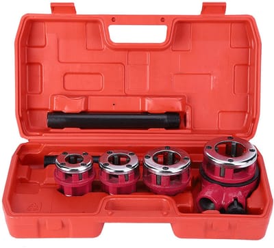 MTTproducts- Loodgieterset 6-delig - Snijijzer met verwisselbare kop - Schroefdraadboor - Kunststof opbergdoos - Duurzaam gietijzer - Compacte ratelkop - Schroefdraadset