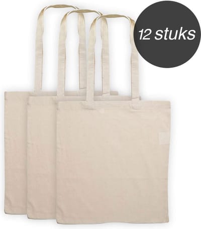 Katoenen draagtas - 12 stuks naturel canvas draagtasjes met lang hengsel - Geschikt om te bedrukken of decoreren met o.a. spuitverf, sjablonen, verfstiften, textielverf, etc.