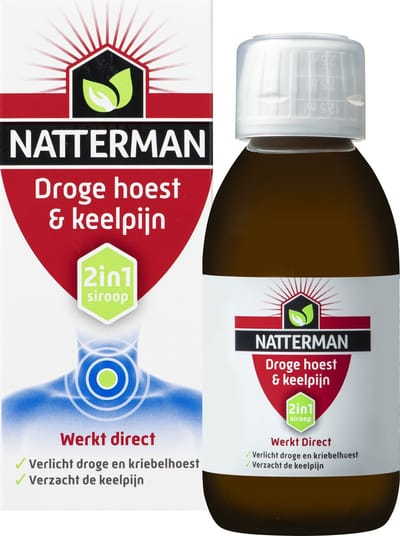 Natterman Droge Hoest & Keelpijn 2-in-1 Siroop - Verlicht droge en kriebelhoest - Verzacht de keelpijn - Hoestdrank - Medisch hulpmiddel - 150 ml