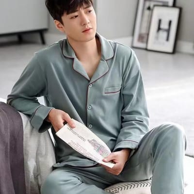 Heren Lente en Herfst Katoenen Pyjama Lange Mouw Katoen Huiskleding Casual Kleding Grote Maat Jongens Huiskleding Set L gray