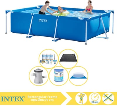 Intex Rechthoekig Frame Zwembad - 300 x 200 x 75 cm - Blauw - Inclusief Onderhoudspakket - Zwembadfilterpomp - Filter - Grondzeil - Solar Mat - 6-delig