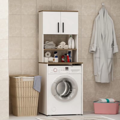 Waskast voor wasmachine en droger - Hoge badkamerkast - Opbergoplossing voor keuken en badkamer 182 x 65 x 60 cm (Wit/Eiken)