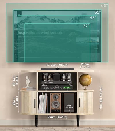 TV-Kast 65 Inch Mid-Century Hout 76,5 cm Hoog met Geribbelde Schuifdeuren en Opbergruimte, TV-Meubel met Afgeronde Hoeken – Urbanhome