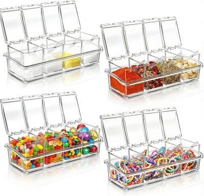 Daity 4-delige transparante acryl kruidendoosjesset met lepels; 16-delige keukenset met potjes/doosjes voor kruiden en specerijen - inclusief deksels; geschikt voor zout - snoep - suiker - enz.; afmetingen: 25 -4 x 10 -2 x 8 -4 cm (transparant).