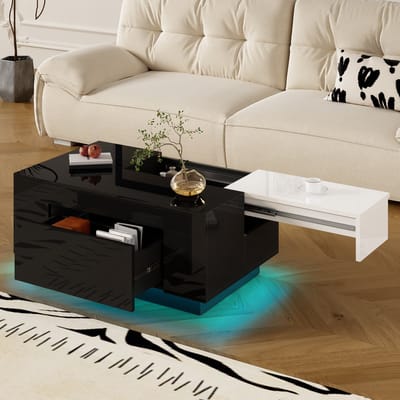OKWISH Salontafels - Koffietafel Woonkamer Tafel Met LED Licht En Opbergruimte - 80x50x35,5 cm - MDF - Zwart