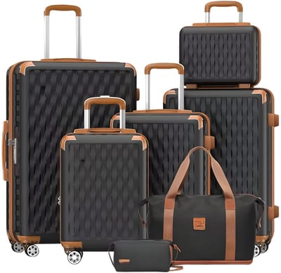 Kofferset – Voor families en lange reizen – Lichtgewicht, duurzaam met TSA-slot – 7-delig, zwart, met gladde spinnerwielen (51 cm)