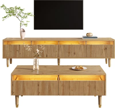 TV-Meubel Set - Met 4 Deuren en Salontafel met 2 Lades - LED - MDF - Hout/Goud