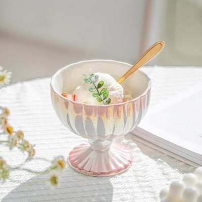 Tasse en Céramique pour Glace Nordique de Haute Valeur Tasse Créative à Pied Haut Perle Bol pour Dessert aux Fruits de Restaurant Tasse 340m'l beige