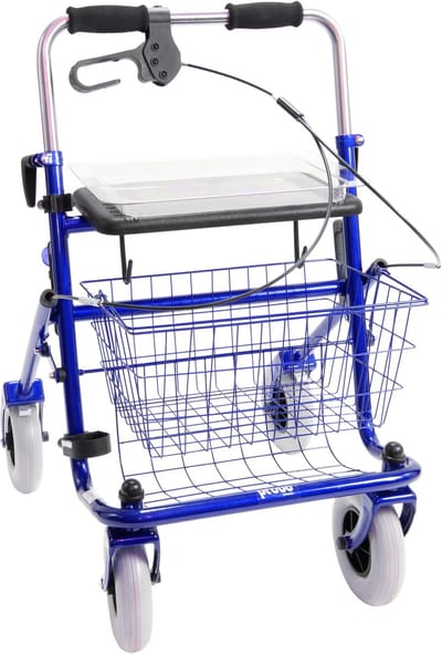 Premis - Klein volwassenen / kinder rollator - Zitbreedte 43 cm - Zithoogte 50 cm - max gebr. gew 100 kg - Duwbeugel - Eenzijdig geremd Rechts - Metallic Blauw
