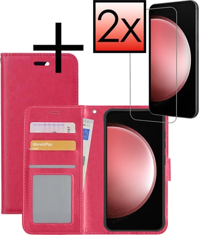 Hoesje - Met 2x Screenprotector - Geschikt voor Samsung Galaxy S23 FE - Luxe Pasjeshouder - Bookcase Portemonee - Flip Case - Kunstleer Book Case - Flipcase Hoes - Book Cover - Walletcase - Portemonneehoes - Donkerroze