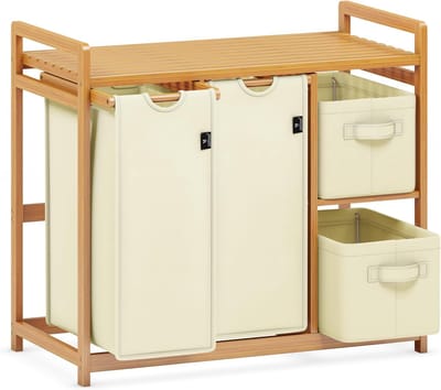 DREAM Wasmand, 4 vakken, wasverzamelaar, 140 liter, wasboxen met mand, wassorteerder met 2 waszakken en 2 stoffen boxen met plank, waszak, bamboe, wasrek, wasbox, laundry basket, beige