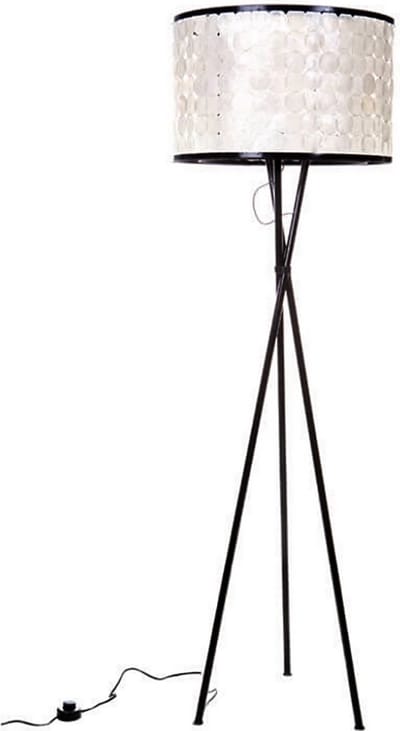 Staande lamp handgemaakt schemerlamp  Vloerlamp Design  woonkamer slaapkamer Roxas met kap ronde capiz schelpen en houten driepoot 172 cm