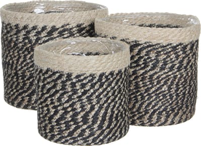 Mica Decorations Bonaparte Mand voor Planten - Set van 3 - H20 x Ø20 cm - Jute - Zwart