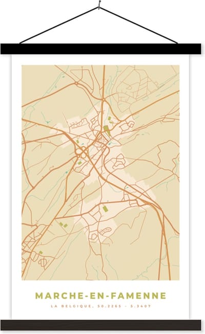 Posterhanger incl. Poster 40x60 cm - Schoolplaat - Vintage - Kaart - Plattegrond - Marche-en-Famenne - Stadskaart - Textielposter - Zwarte latten - Stadskaart