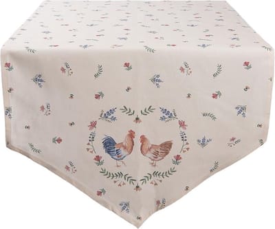 Clayre & Eef Tafelloper 50x160 cm Beige Blauw Katoen Kip en Haan Tafelkleed