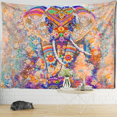 Mandala Olifant Wandtapijt Wandhanger Kleurrijk Schilderij Boheems Tropisch Landschap Huis Woonkamer Decor Doek 95x70cm white