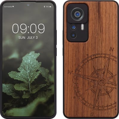 kwmobile telefoonhoesje geschikt voorXiaomi 12T / 12T Pro - Hoesje met bumper - hout - In donkerbruin Vintage Kompas design