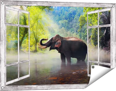 Gards Tuinposter Doorkijk Olifant in het Water - 90x60 cm - Tuindoek - Tuindecoratie - Wanddecoratie buiten - Tuinschilderij