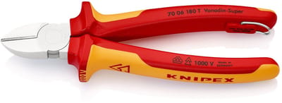 Knipex zijsnijtang met bevestigingsoog verchroomd, geïsoleerd met meercomponentengrepen, VDE-gekeurd; met geïntegreerd geïsoleerd bevestigingsoog voor het aanbrengen van een valbeveiliging 180 mm - 7006180TBK