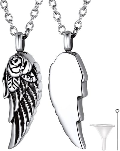 RVS Engel Vleugel Urn Ketting voor Aangepaste Crematie Hanger met Foto Tekst Gegraveerd Herinnerings Crematie Sieraad - 20 inch, RVS, Geen Edelsteen