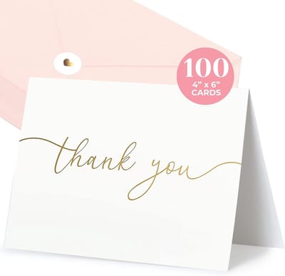 100 Blanco Bedankkaarten met Enveloppen - Goud Script - Voor Bruiloft, Jubileum & Zakelijk Gebruik