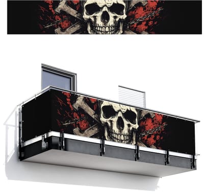 Balkonscherm 500x85 cm - Balkonposter Schedel - Kettingen - Rood - Balkon scherm decoratie - Balkonschermen - Balkondoek zonnescherm