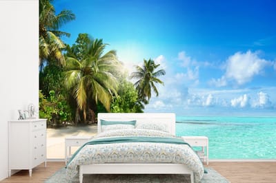Behang - Fotobehang Zee - Palmboom - Strand - Tropisch - Blauw - Groen - Breedte 360 cm x hoogte 240 cm
