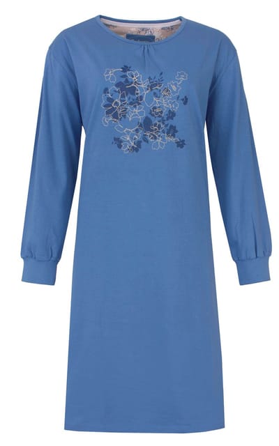 Tenderness Dames Nachthemd - Katoen - Lange Mouwen - Ronde Hals - Blauw - Maat S