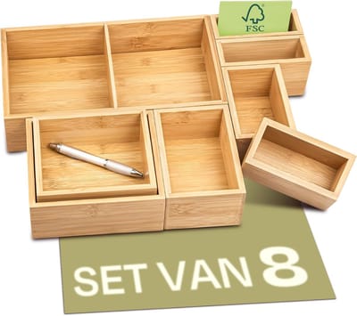 Lade Organiser Box Set van 8 - Duurzaam FSC Bamboe Hout voor Keuken, Badkamer en Kantoor