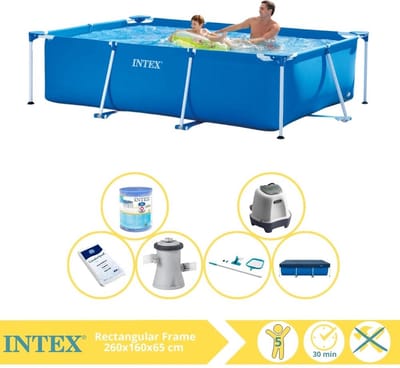 Intex Rechthoekig Frame Zwembad - 260 x 160 x 65 cm - Blauw - Inclusief Afdekzeil - Zwembadfilterpomp - Filter - Schoonmaakset - Zoutwatersysteem - Zwembadzout - 7-delig