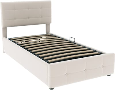 Gotagee Gestoffeerd bed kinderbed 90x200 cm, hydraulisch opbergbed, in hoogte verstelbaar hoofdeinde, eenpersoons hoog bedstee, fluwelen stof, beige