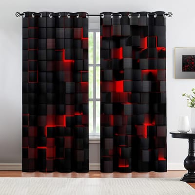 Platte Print Gordijnen Abstracte Kubussen Rood Zwart Kunst Bescherming Privacy Familiefeest Gebruik Binnen Slaapkamer Decoratie Set Van 2 Gemaakt Polyester Meester Decor W100*H130(CM)-Hooks&1PCS
